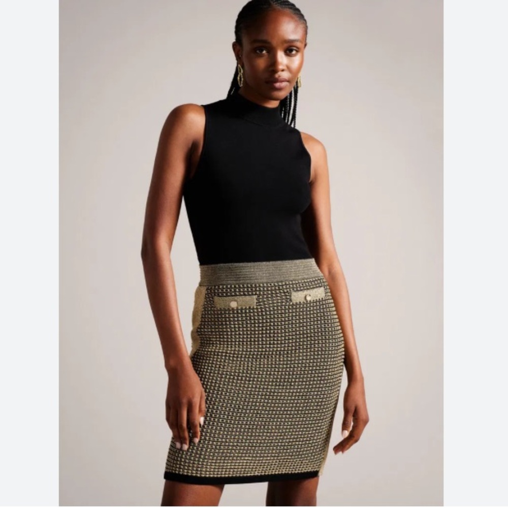 Ted Baker London Sanriia Stitch Detail knitted mini dress black and gold size 10